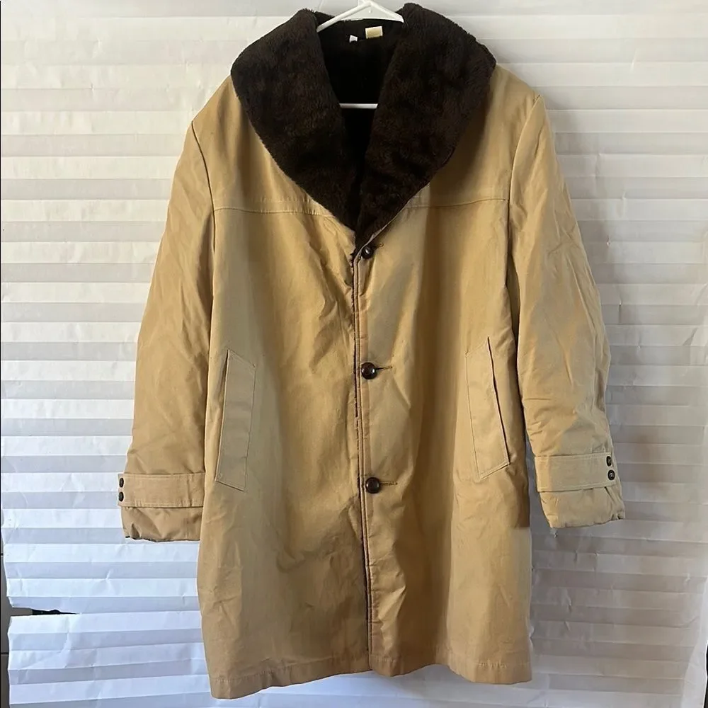 Grodin's Tan/Brown Fur Lined Winter Coat Size 46 Warm Heavy Outerwear Vintage